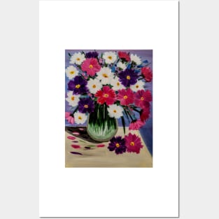 Beautiful pink and purple  and white abstract flowers in a glass vase. Posters and Art